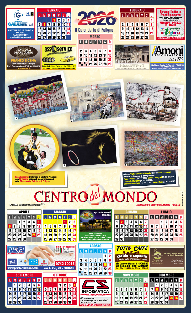 In distribuzione il calendario di Foligno del Centro del Mondo edizione 2026, tributo a Luca Innocenzi